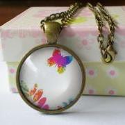 Image Necklace, Butterfly & Flower Necklace, Domed Glass Image Necklace