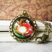 Retro Flower Necklace, Glory Color Image, Domed Glass Cabochon and Antiqued Brass Bezel Set