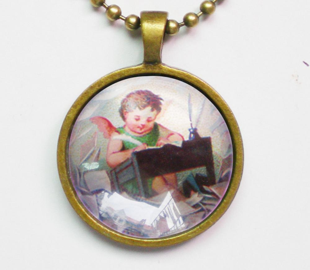 Angel Illustration Necklace, Vintage Angel Picture, Baby Angel Writing Letters