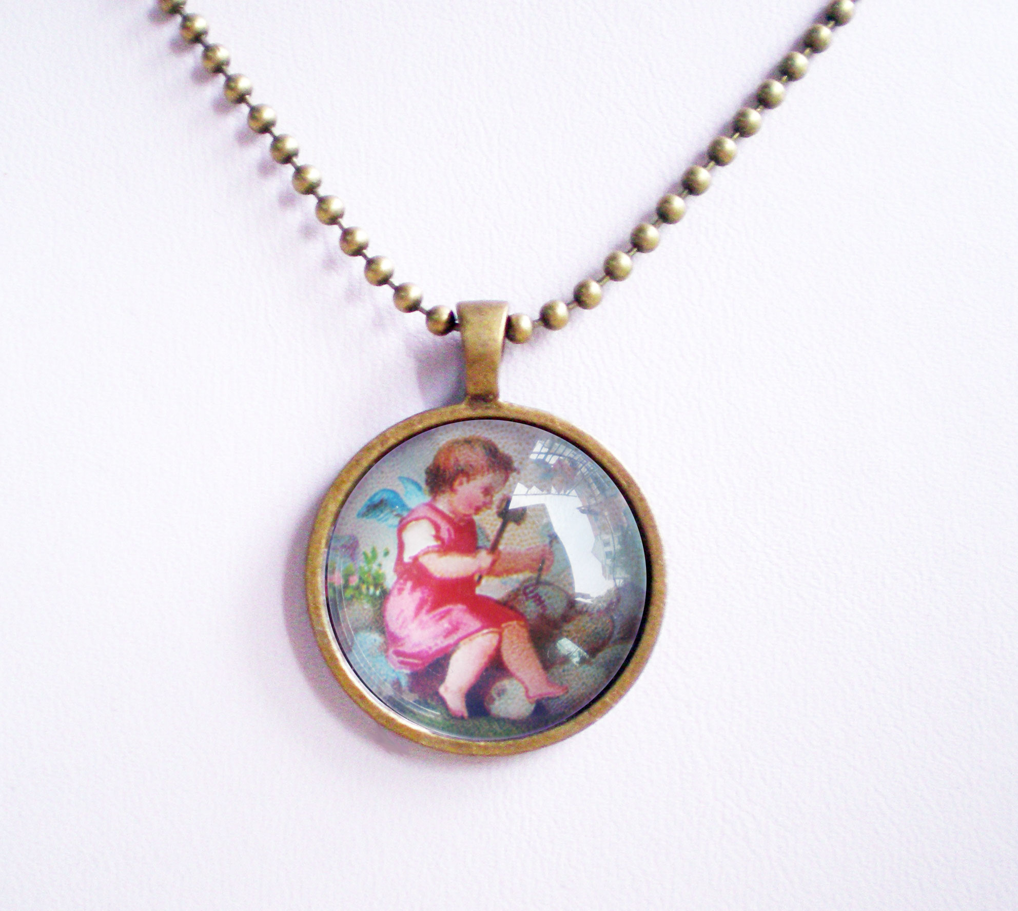 Little Angel Necklace, Tiny Angel Playing With Stone, Vintage Image